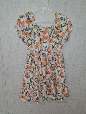 SHEIN White Orange Fruit-Print Puff Sleeve Kids Dress